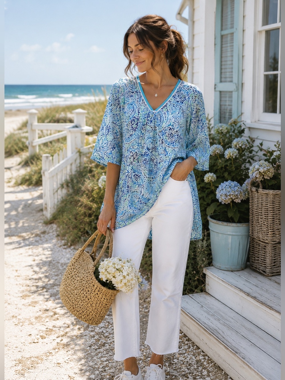 Karen Neuburger Encore Blue Paisley Tunic Resort Coastal Lightweight Small